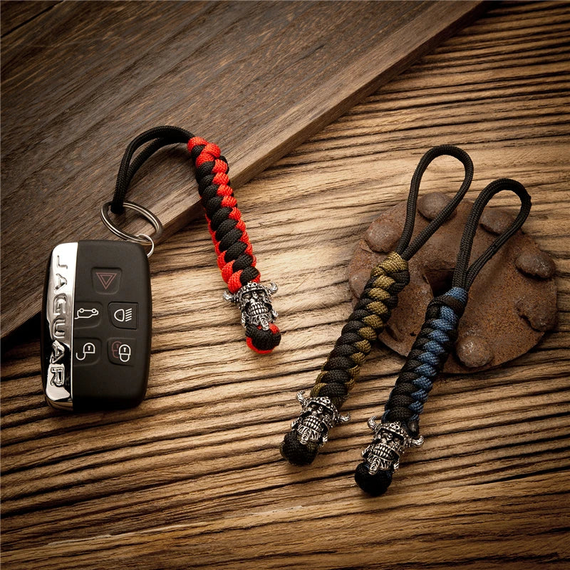 Supretu Retro Vikings Warrior Men Keychain Bag Knife Pendant Women Car Keyring Navy Survival Lanyard Rope Handmade Lucky Jewelry